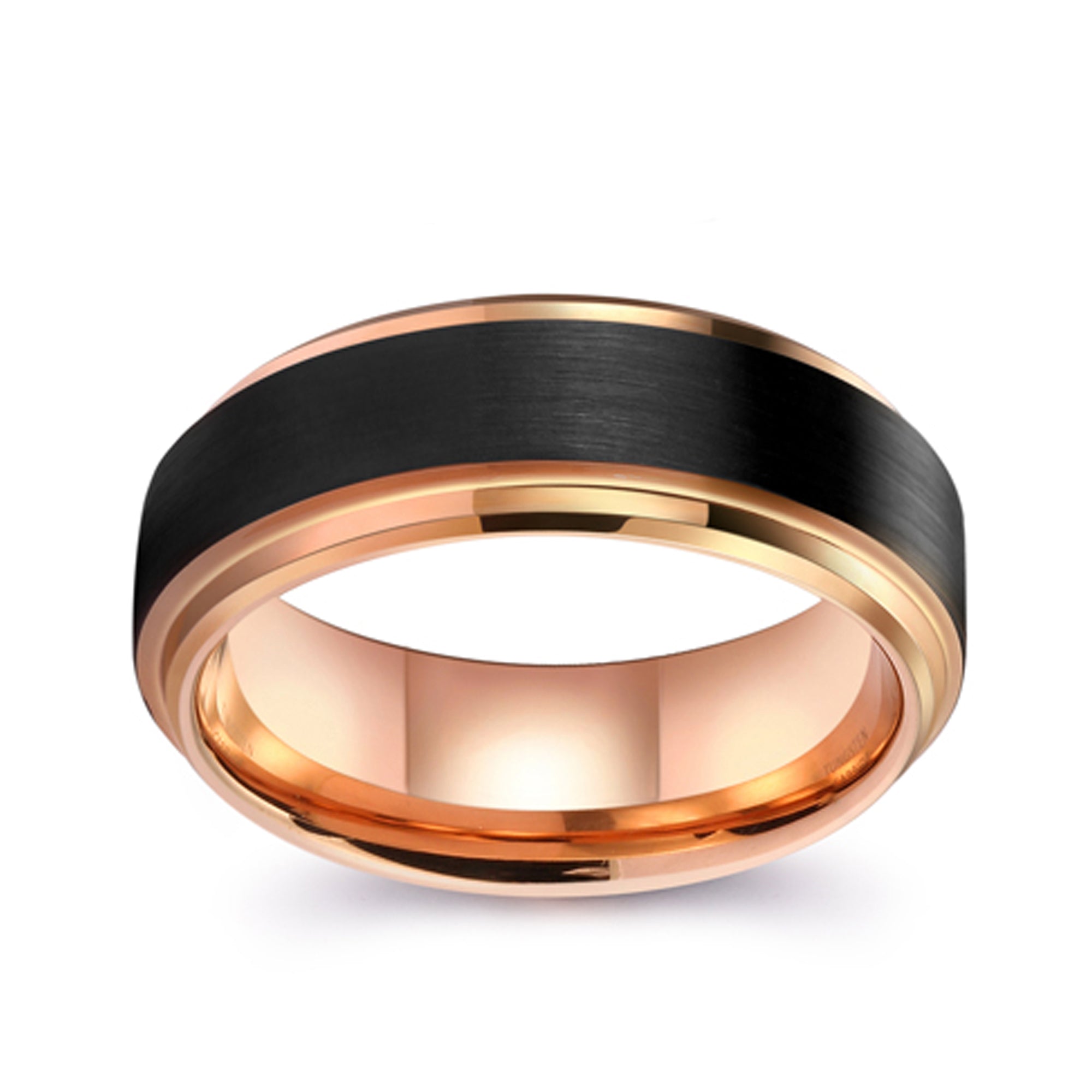 Tungsten Carbide Ring with Stepped Edge in Black and Rose Gold, 8MM