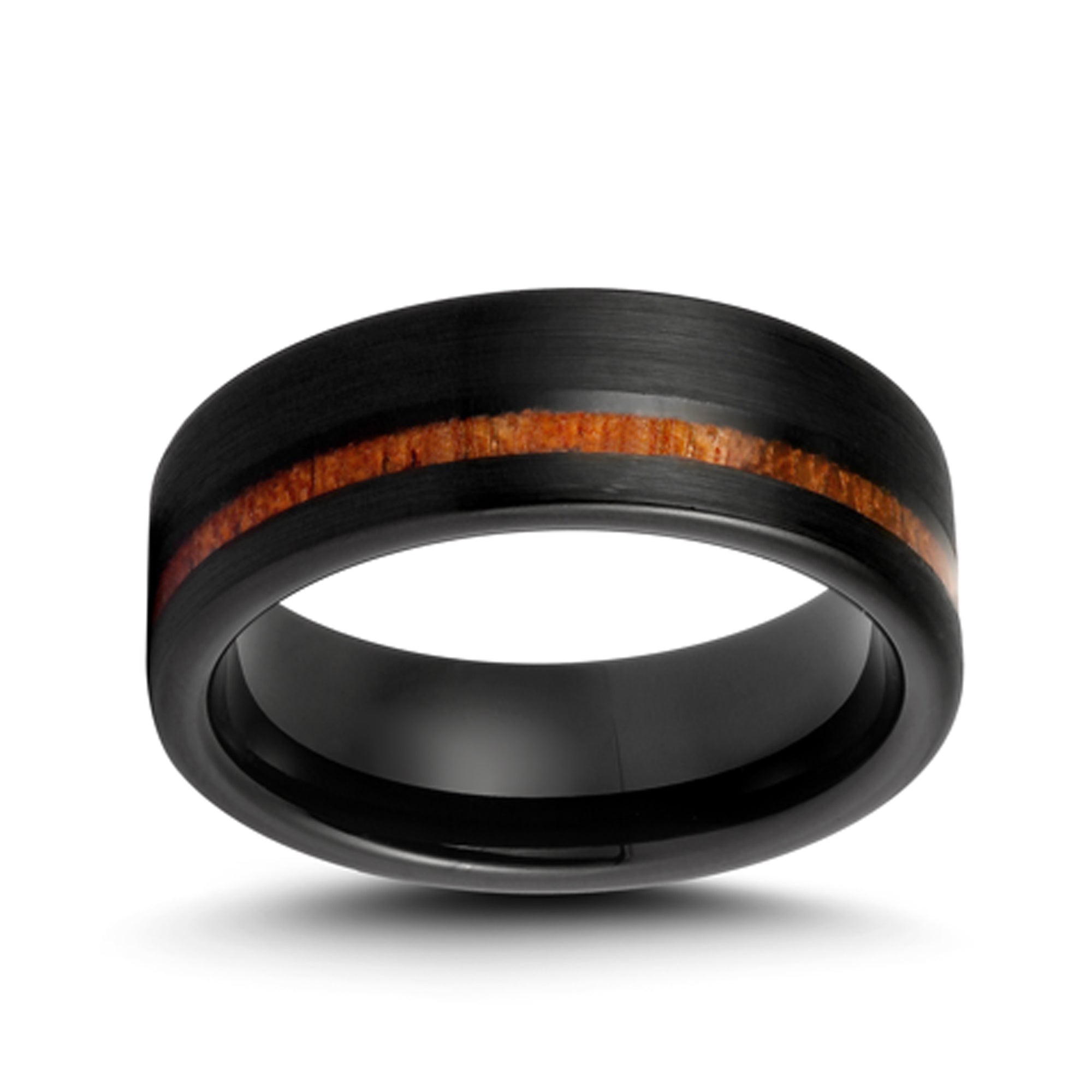 Matte Black Tungsten Carbide Ring with Koa Wood Inlay, Flat Pipe Cut Edge, 8MM
