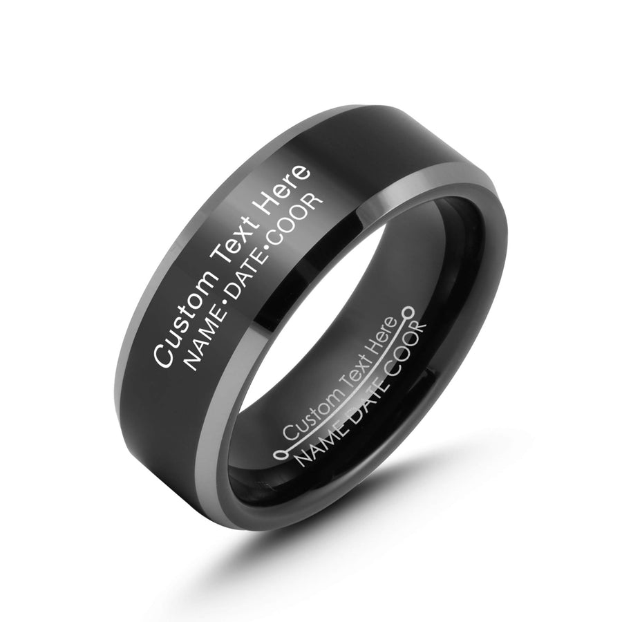 Two-Tone Black & Silver Tungsten Carbide Ring, Polished Beveled Edge, 8MM