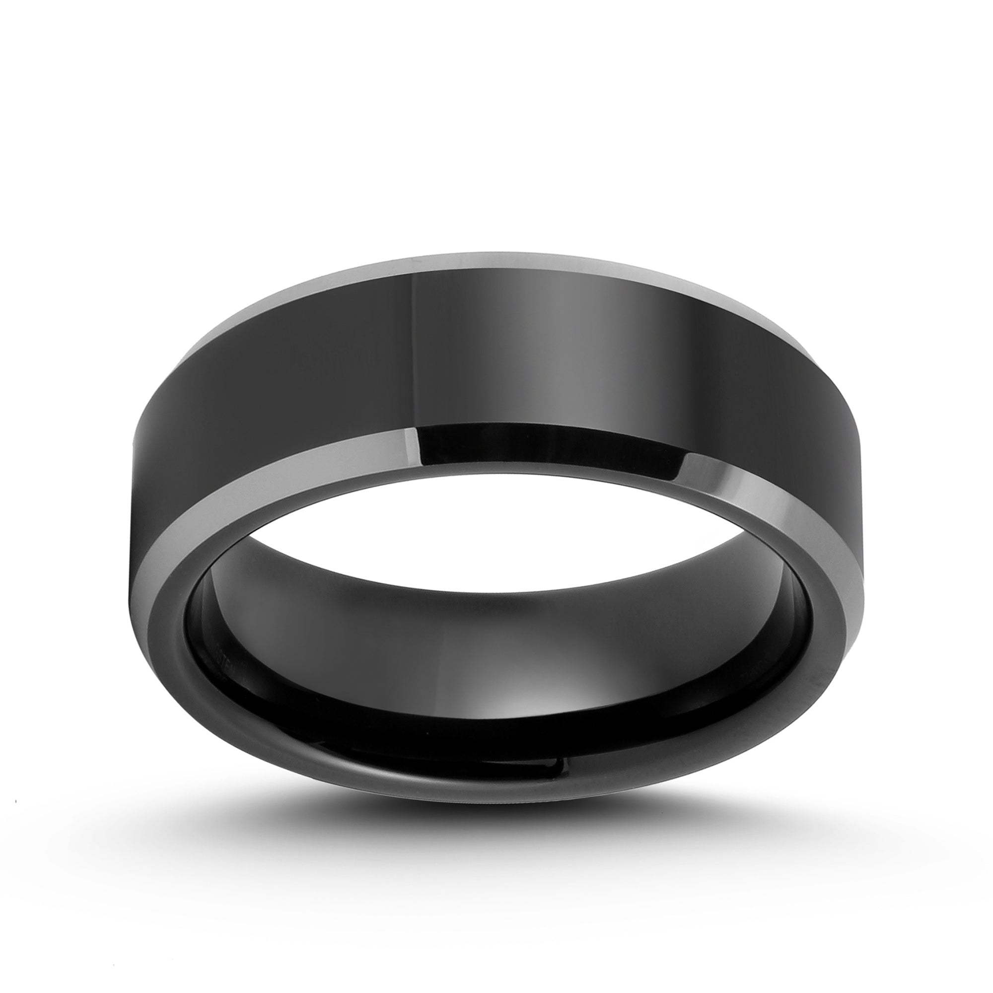 Two-Tone Black & Silver Tungsten Carbide Ring, Polished Beveled Edge, 8MM
