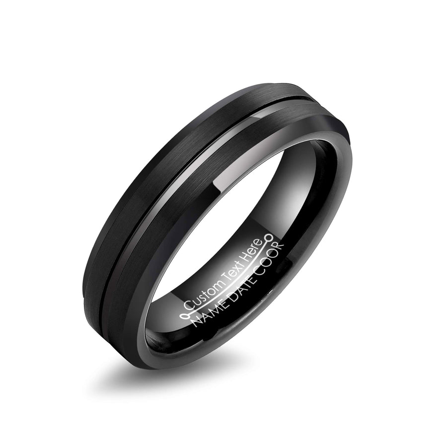 Black Tungsten Carbide Ring with Groove, Polished Beveled Edge, 6MM