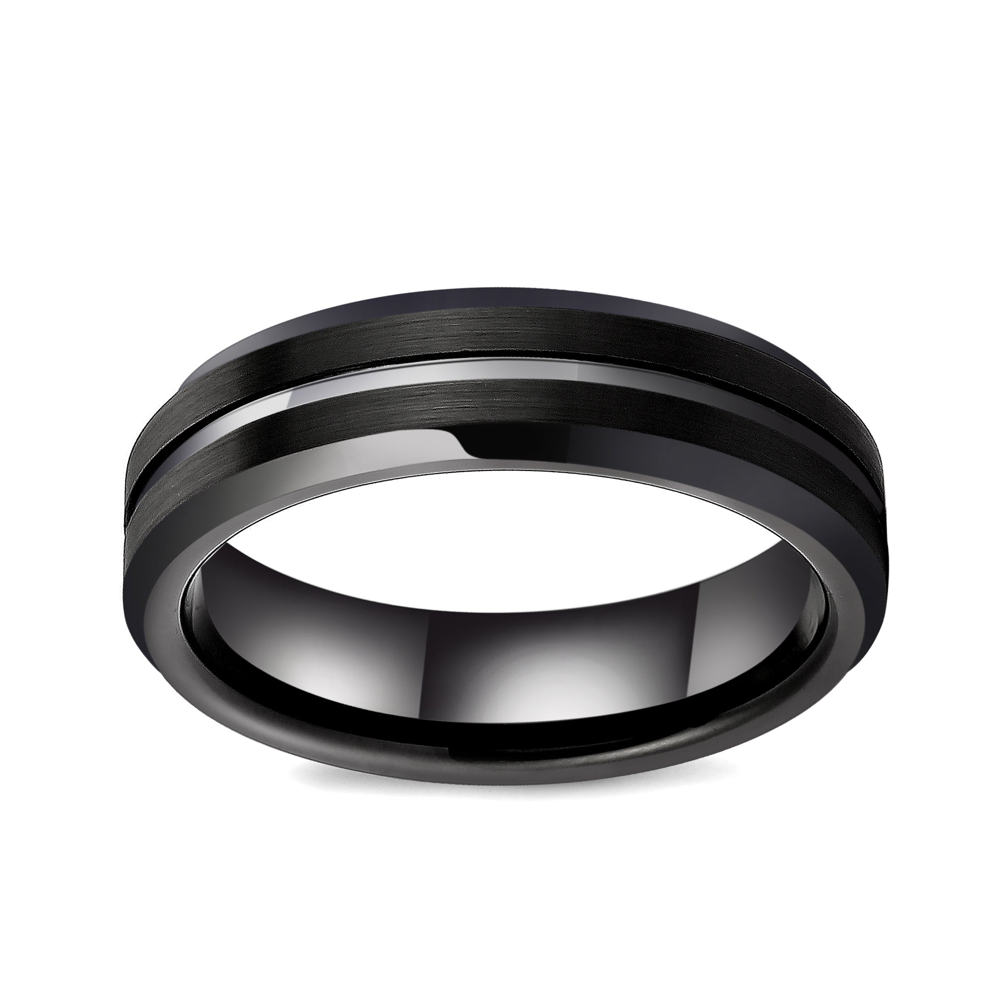 Black Tungsten Carbide Ring with Groove, Polished Beveled Edge, 6MM