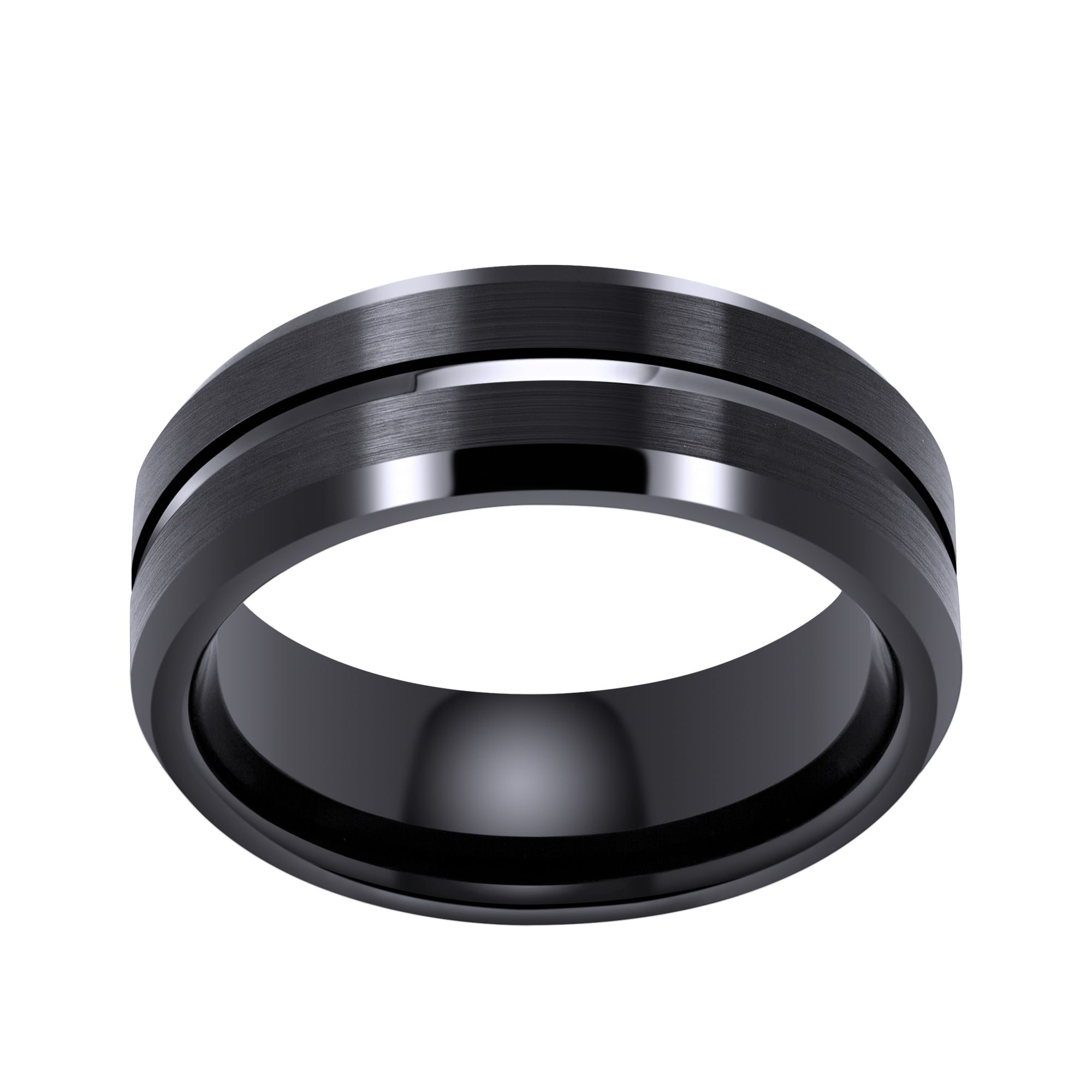 Black Tungsten Carbide Ring with Groove, Polished Beveled Edge, 8MM