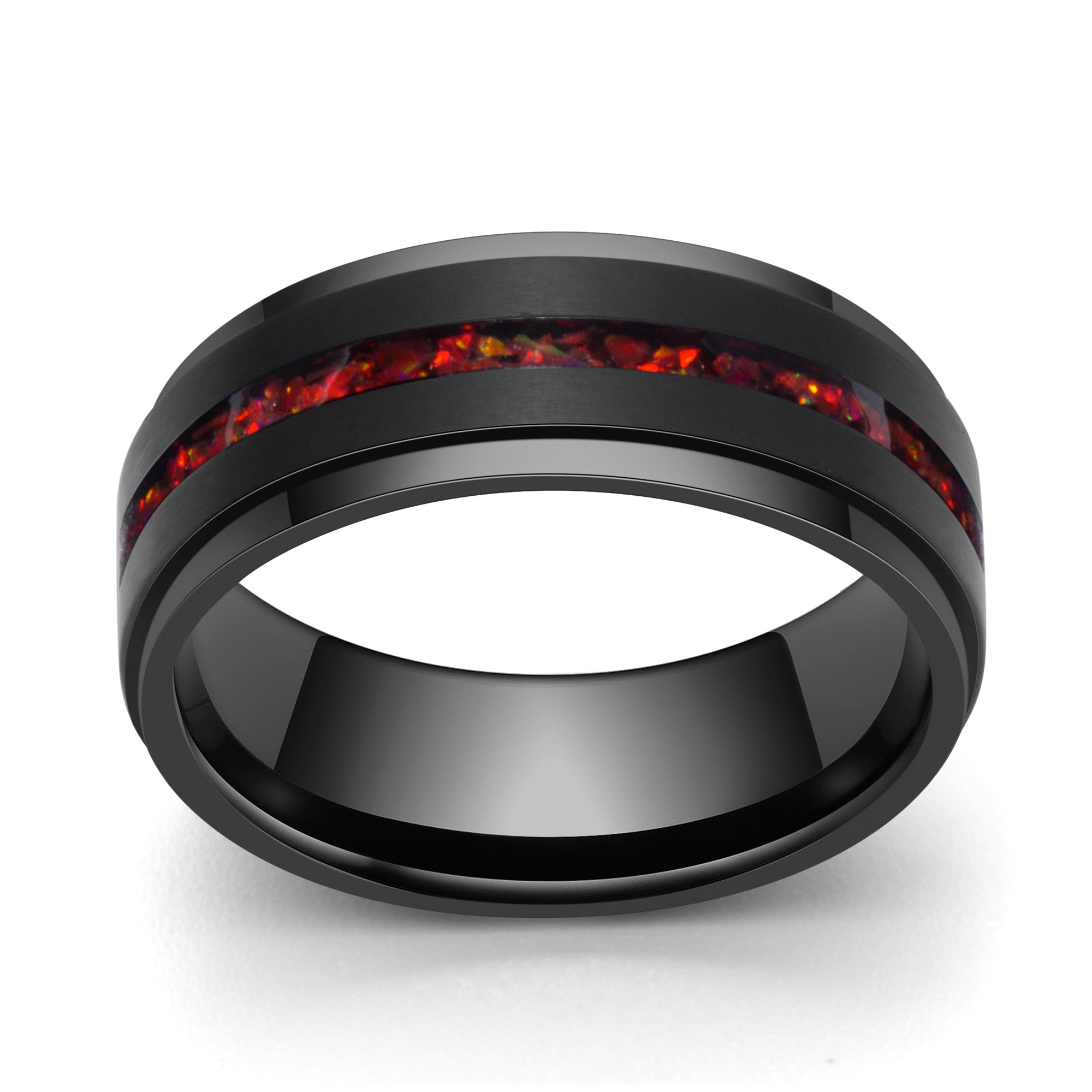 Black Satin Brushed Titanium with Stepped Edge and Red Opal Inlay, 8MM