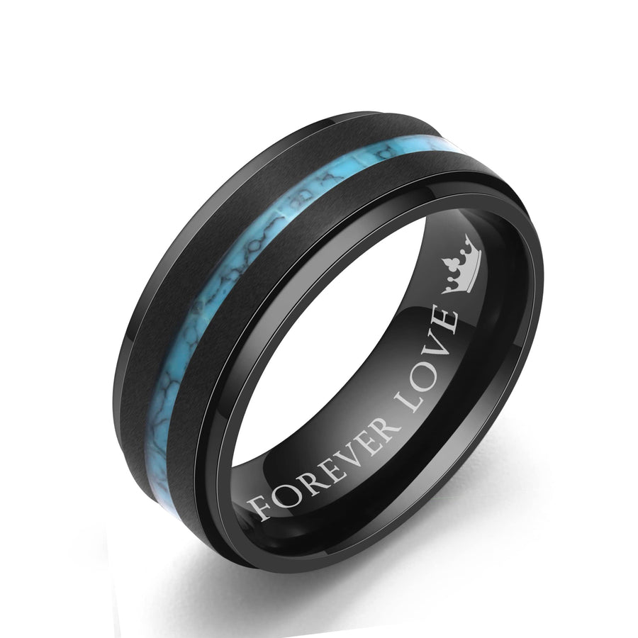 Black Satin Brushed Titanium with Stepped Edge and Turquoise Inlay, 8MM