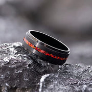 Black Satin Brushed Titanium with Stepped Edge and Red Opal Inlay, 8MM