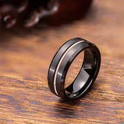 Matte Black Finished Tungsten Carbide Ring with Guitar String Inlay, Polished Beveled Edge, 8MM