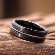 Matte Black Finished Tungsten Carbide Ring with Guitar String Inlay, Polished Beveled Edge, 8MM