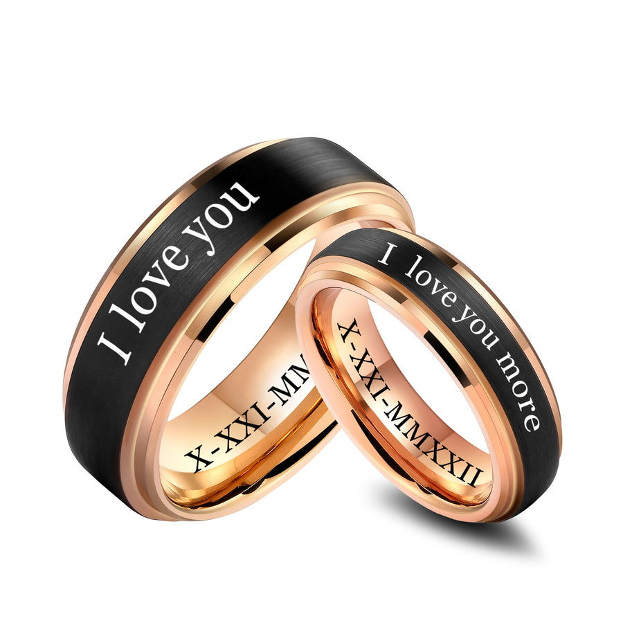 6MM & 8MM Rose Gold Stepped Edge Tungsten Carbide Couple Ring Set