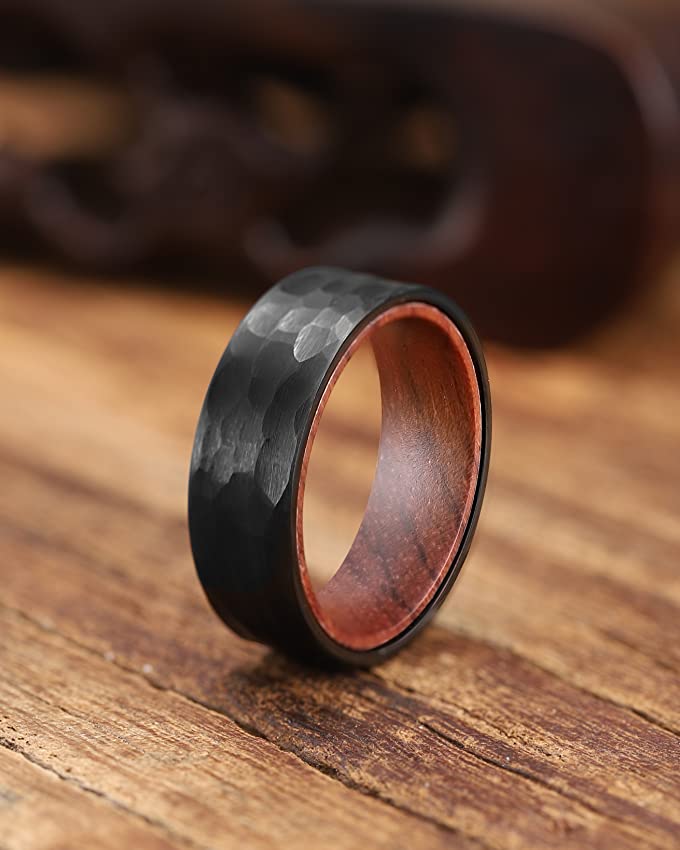 Hammered Brushed Black Tungsten Carbide Ring, KOA Wood Inlaid, 8MM