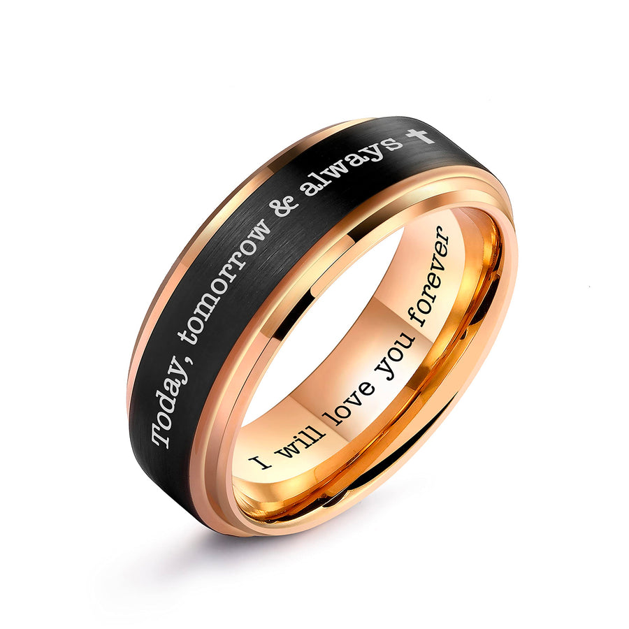 Tungsten Carbide Ring with Stepped Edge in Black and Rose Gold, 8MM