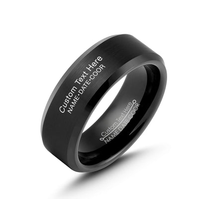 Black Matte Satin Finished Tungsten Carbide Ring with Polished Beveled Edge, 8MM