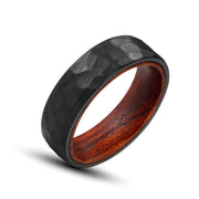 Hammered Brushed Black Tungsten Carbide Ring, KOA Wood Inlaid, 8MM