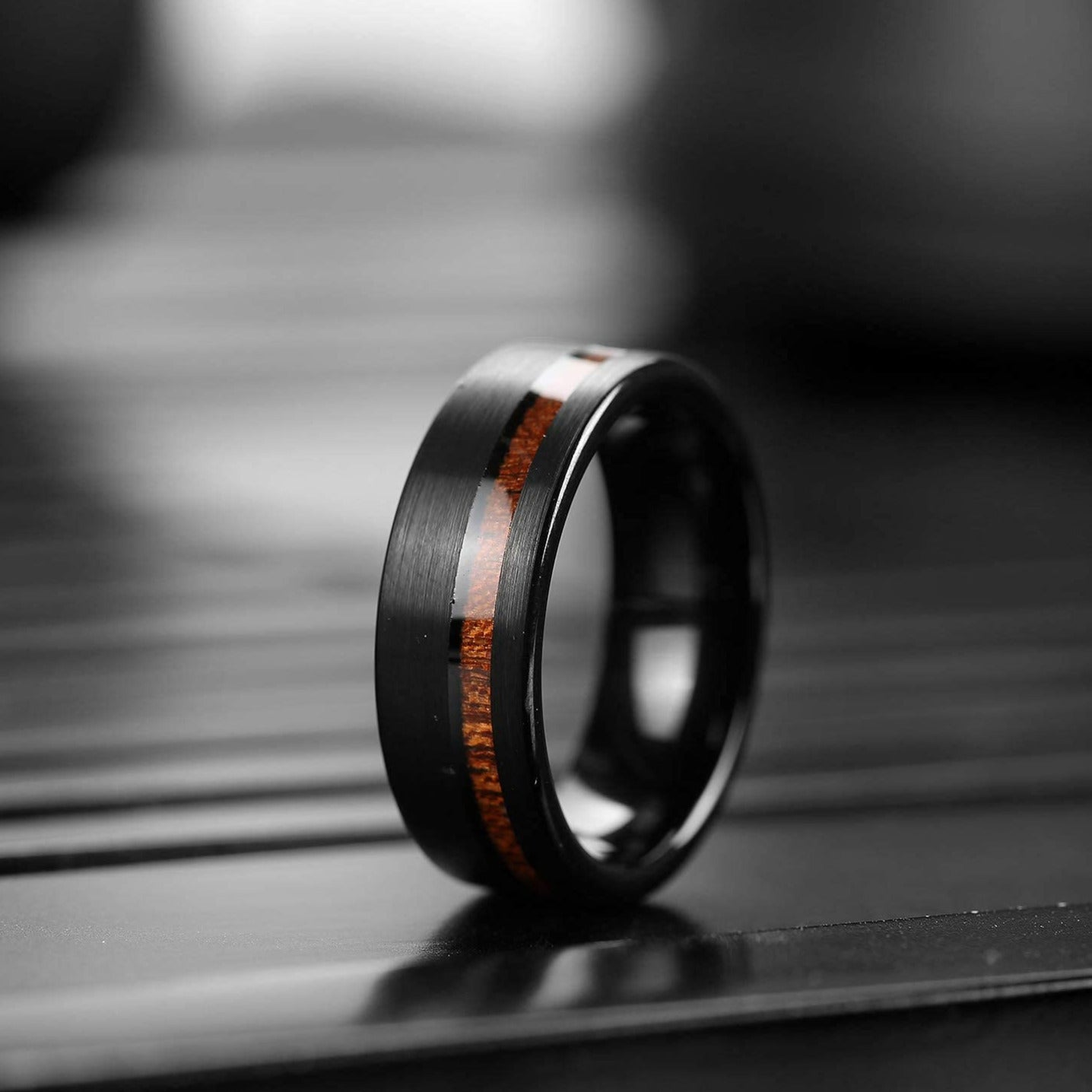 Black Tungsten Carbide Ring with Hawaiian Koa Wood Inlay