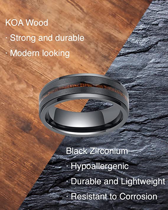 Man Black Ring | Custom Engraved offers Ring | 5th Anniversary Gift |8MM Black Zirconium Ring & KOA Wood Inlay Ring |Birthday gift For him