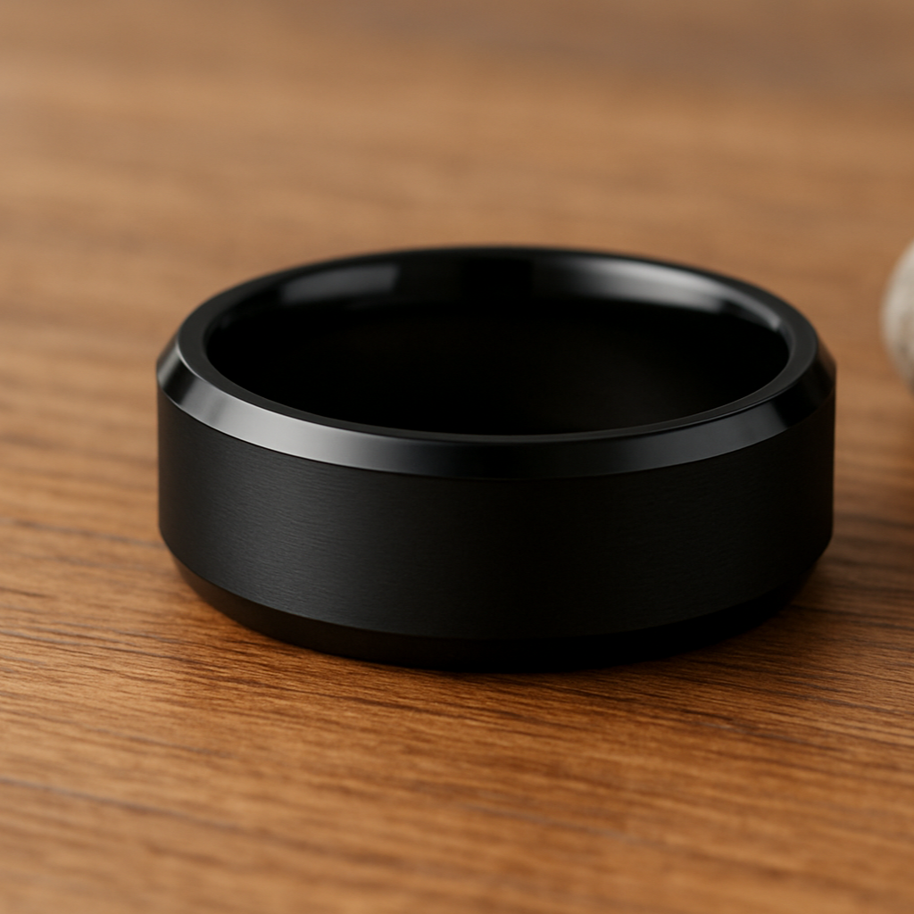 8mm black ring, mens wedding band, satin finished with polished beveled edge, on the desk, rock beside