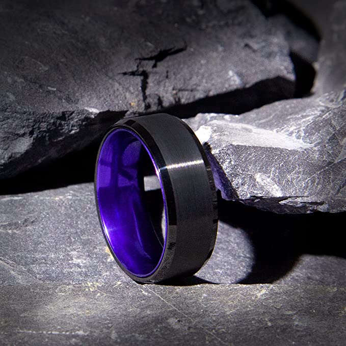 Black Tungsten Carbide Ring with Purple Aluminum Interior
