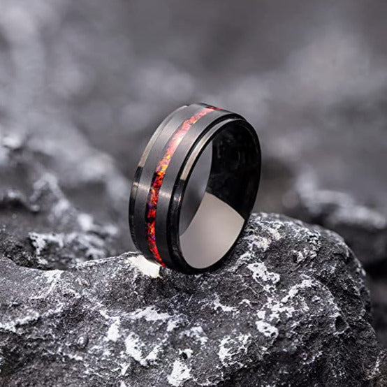 Black Satin Brushed Titanium with Stepped Edge and Red Opal Inlay, 8MM Width
