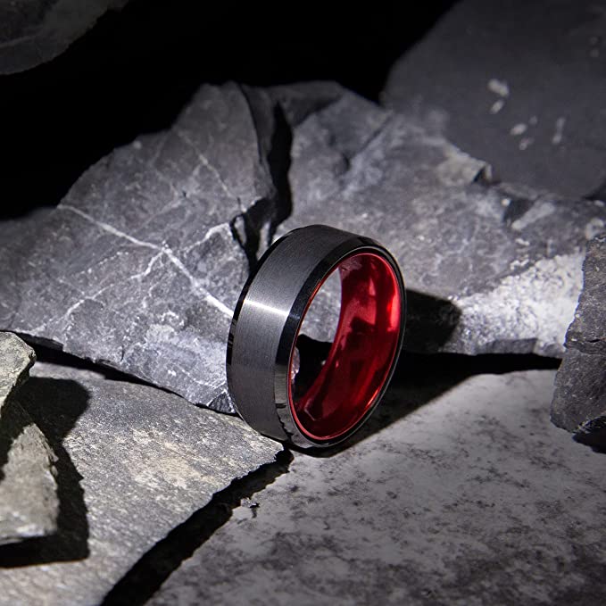 Black Tungsten Carbide Ring with Red Aluminum Interior