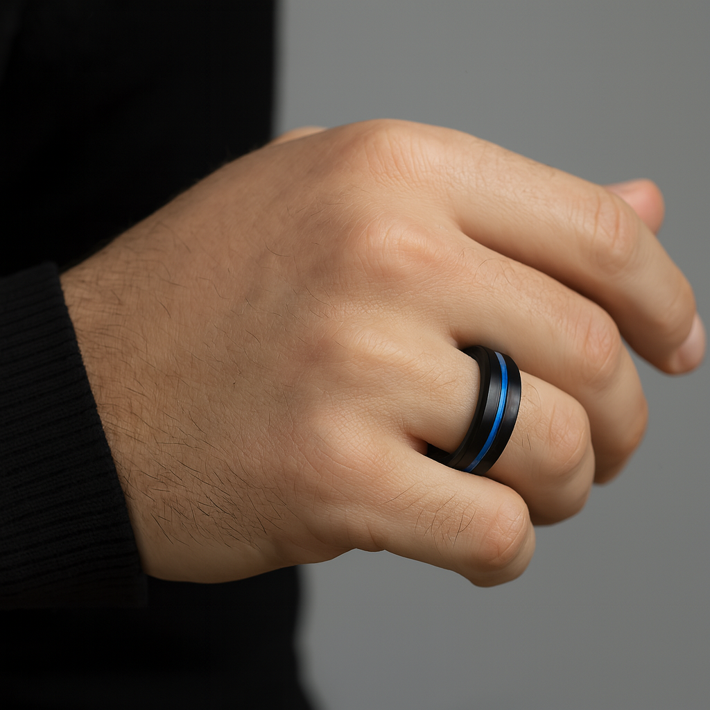 Hand wearing a black ring with blue accents on a gray background