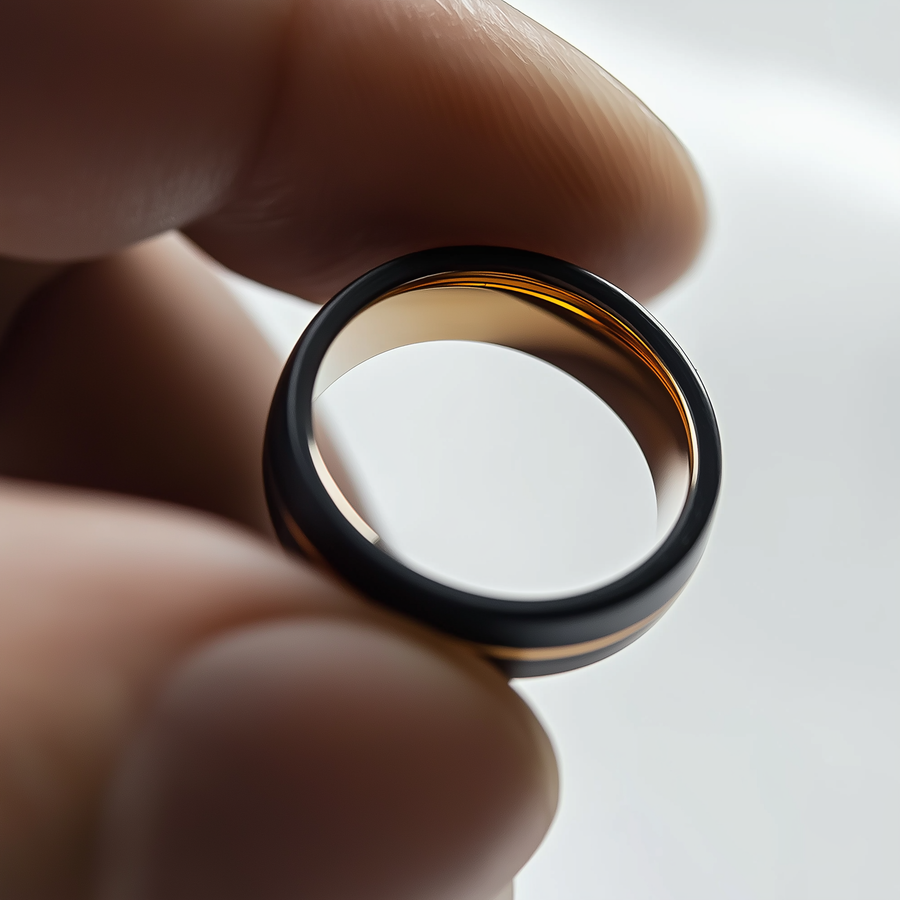 Close-up of a hand holding a black and gold ring against a light background