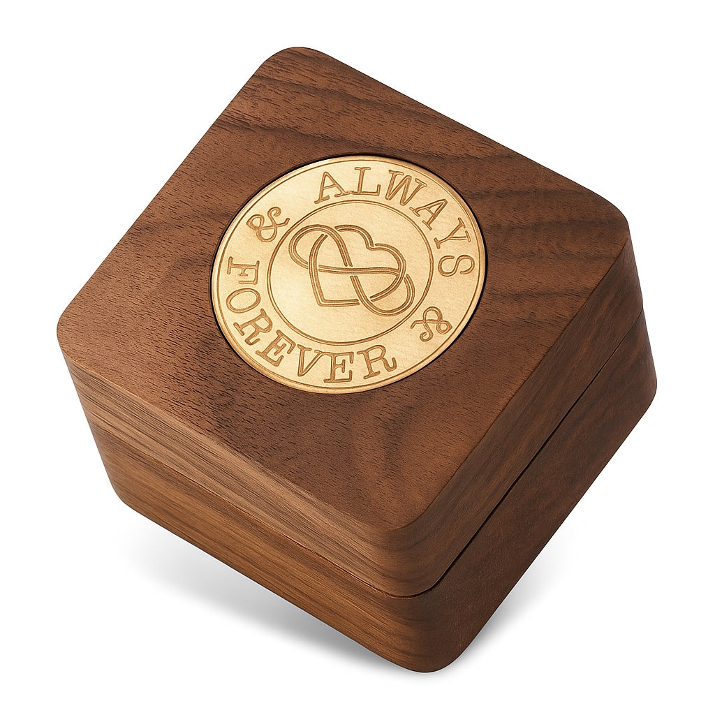 Wooden box with a gold emblem featuring 'Always & Forever' on a white background