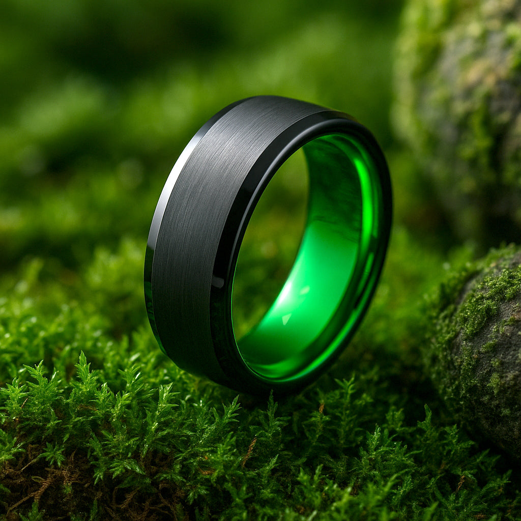 Green ring with black band on a mossy background
