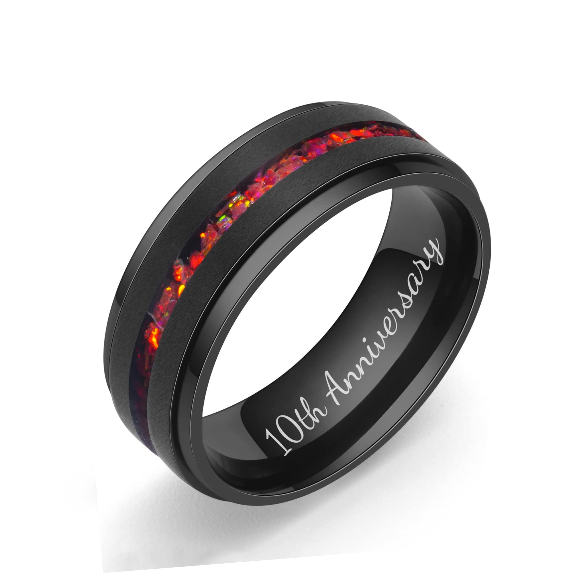 Fire opal inlay titanium mens wedding band