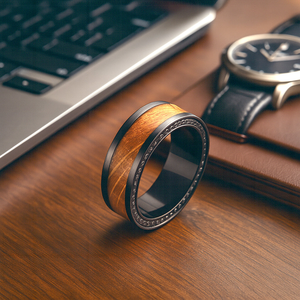 Wooden ring with black band on a wooden surface next to a laptop and watch.