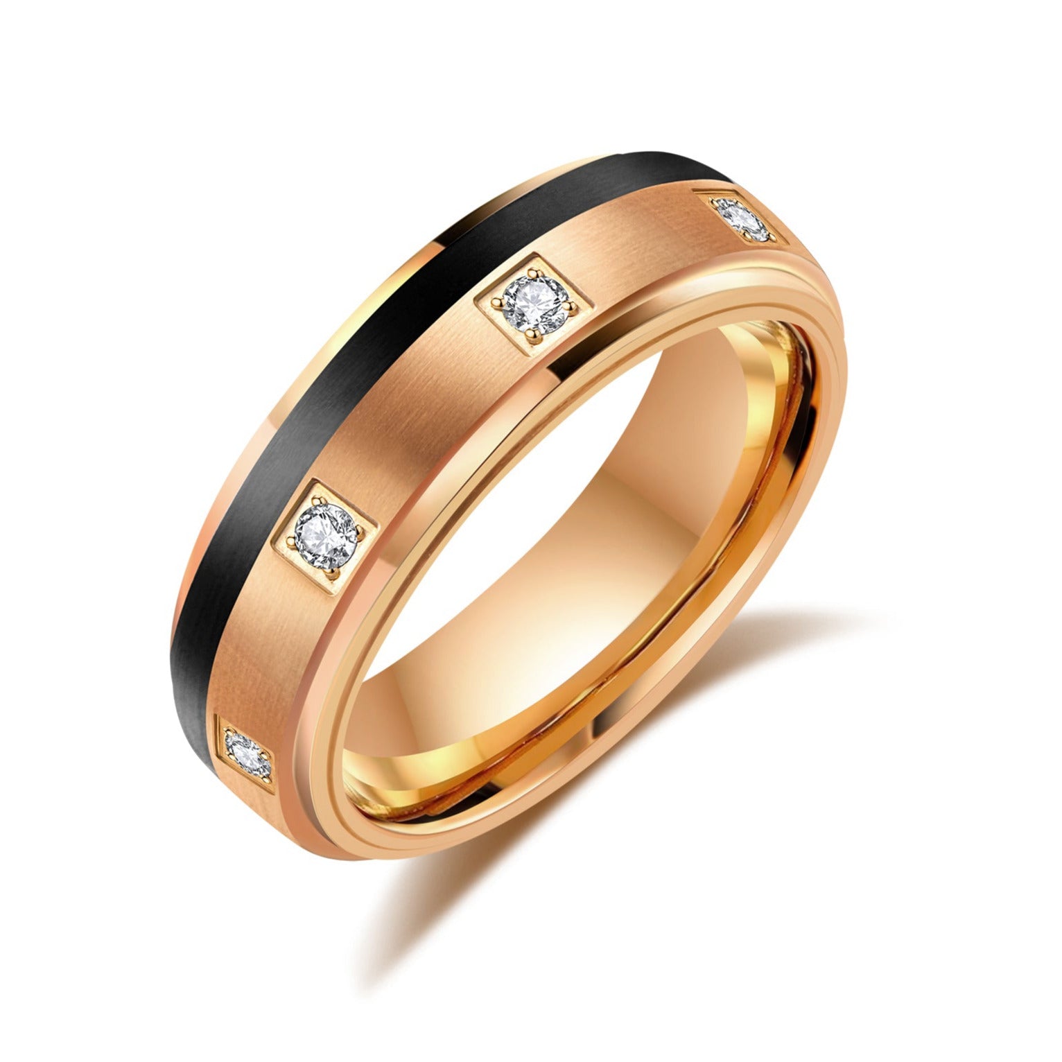 A 6mm wide tungsten carbide ring with clear cubic zircon pave set in a rose gold and black titanium band.