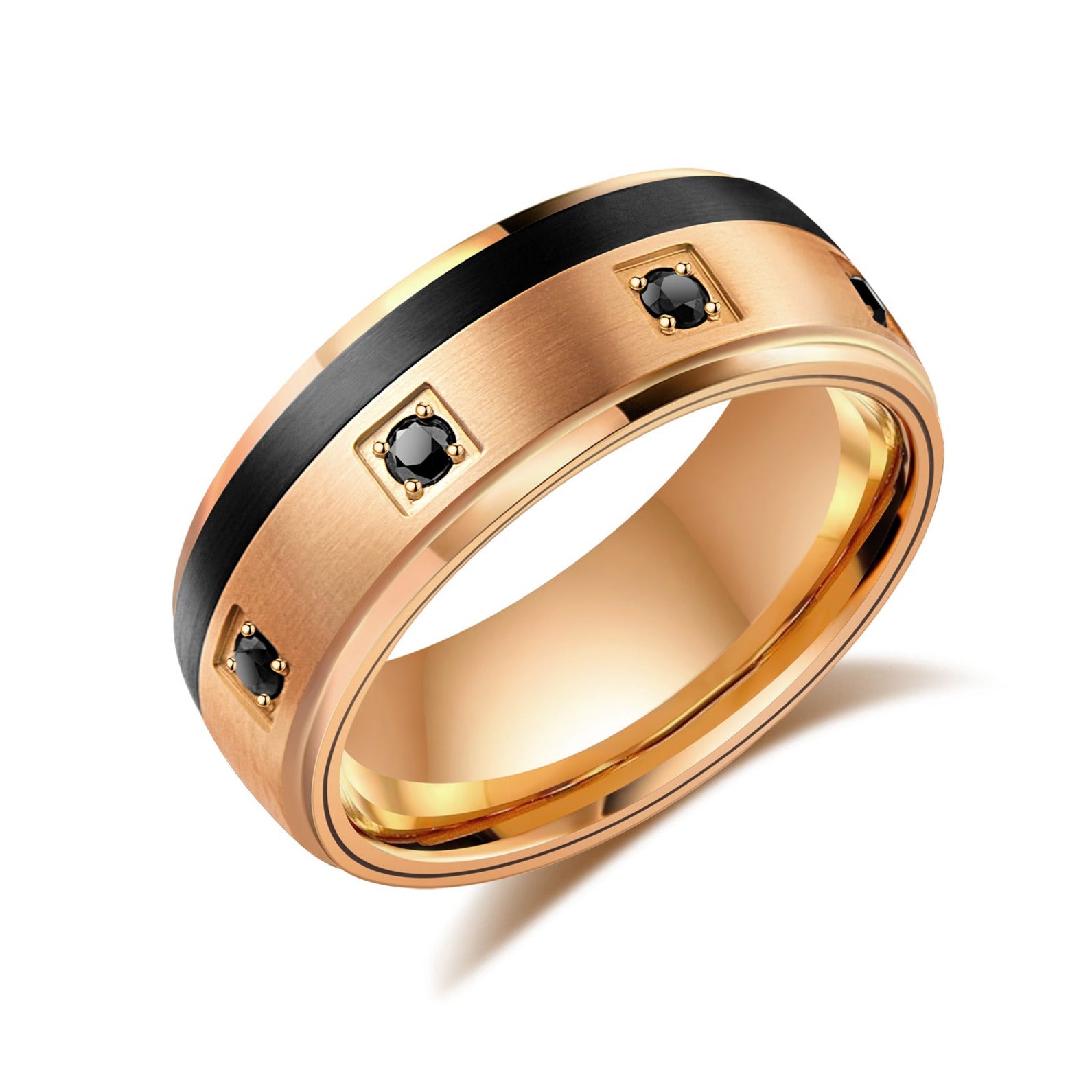 A matte black satin finished tungsten carbide ring with black cubic zirconia pave, having a rose gold plated band and a comfort fit design.