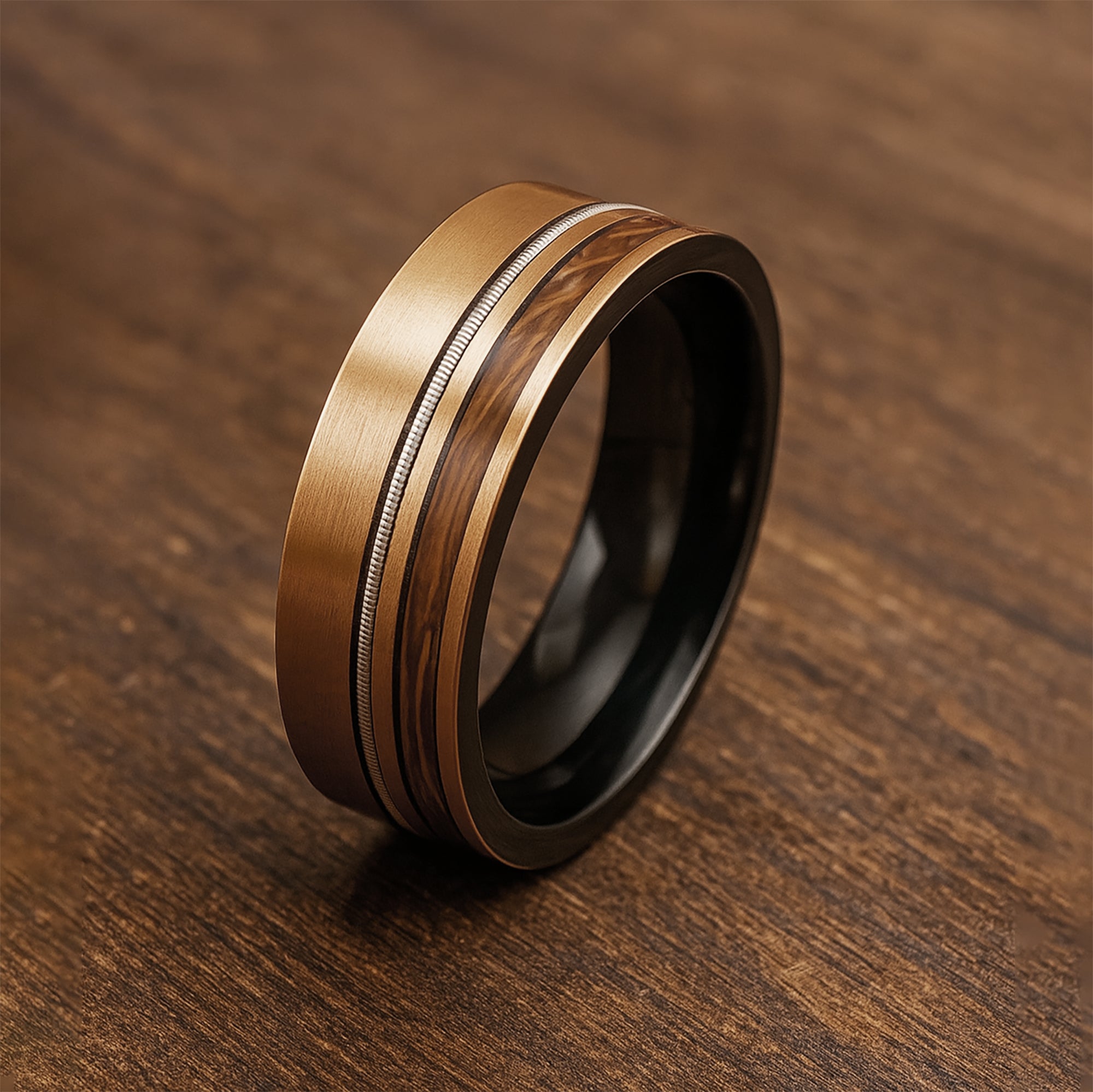 Mens wedding ring stack on a wooden surface