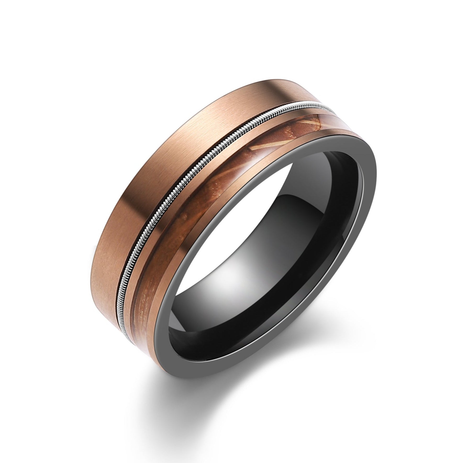 Titanium Guitar String Ring with Whiskey Barrel Wood Two-tone ring with rose gold and black finish on a white background