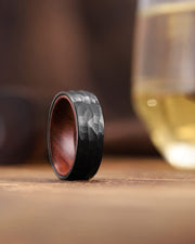 Hammered Brushed Black Tungsten Carbide Ring, KOA Wood Inlaid, 8MM